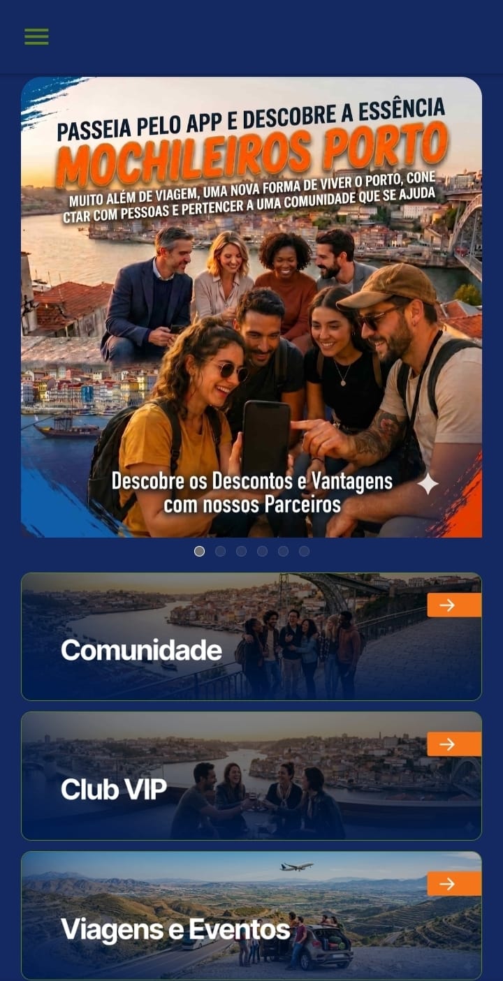 App Mochileiros Porto — tela inicial